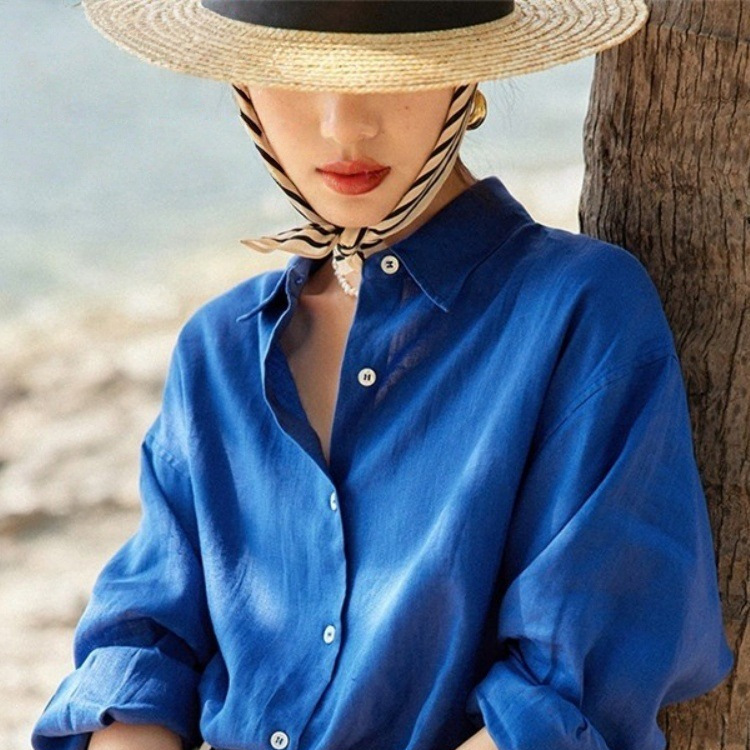 Full Linen French-Style Lazy Style Long-Sleeved Shirt for Women, Spring and Summer Loose Casual Thin Sun Protection Shirt