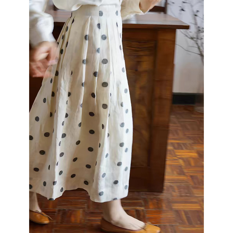 French Retro Linen Polka Dot Skirt for Women, Summer Mid-Length High-Waisted Pleated Versatile Casual A-Line Skirt