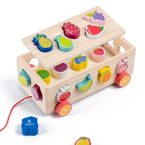 Wooden Educational Toy Multifunctional Intelligence Pull-along Car Box Shape Multi-hole Cognitive Matching Colored Geometric Blocks Car
