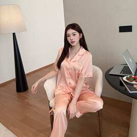 女士夏季睡衣女夏短袖长裤新款丝绸翻领前扣夏天女装家居服套装