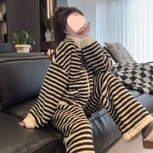 套装加厚加绒珊瑚绒外套女冬季新款简约风条纹睡衣外穿200斤上衣