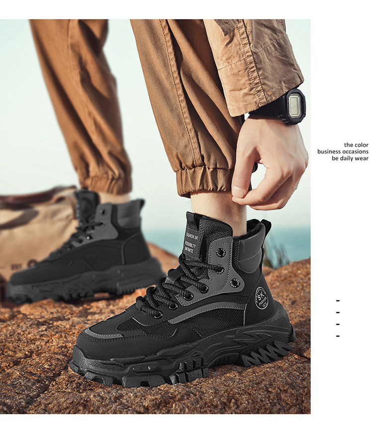 Giày bốt Martin nam cổ cao lót nhung giữ ấm, đế dày tăng chiều cao chống trượt, gót 3-5 cm — L921 kaki [giày đơn không lót nhung], L921 đen [giày đơn không lót nhung], Màu đen [lót nhung] chi tiết 10