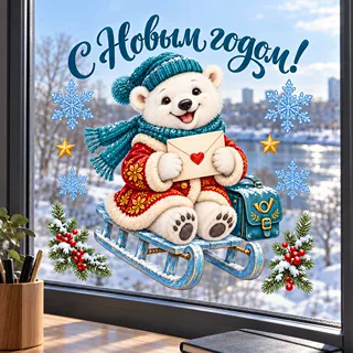 俄罗斯新年OZON北极熊邮差信封窗贴玻璃装饰贴纸