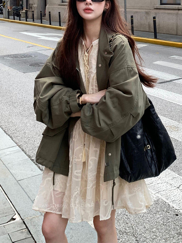 Officially Matched! French Fine Glitter Fairy Embroider Dress/Tencel Cotton Washed Retro Military Green Jacket Windbreaker Jacket