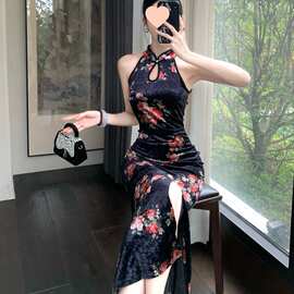 实拍 新中式国风丝绒印花旗袍收腰显瘦大摆开叉感连衣裙其他