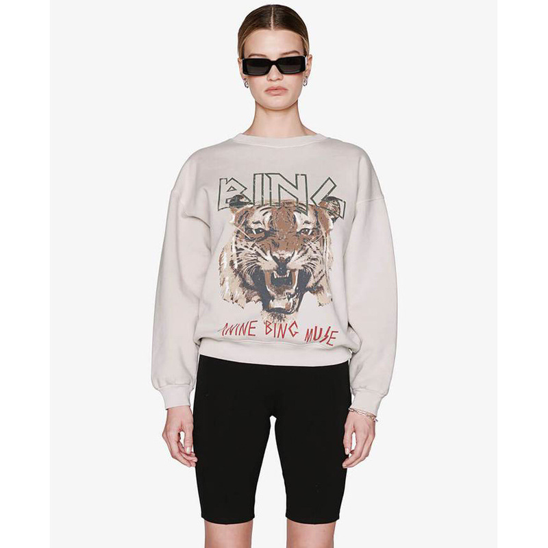 21秋冬新款法式小众AB老虎头bing数码印花卡其色抓绒棉质女式卫衣