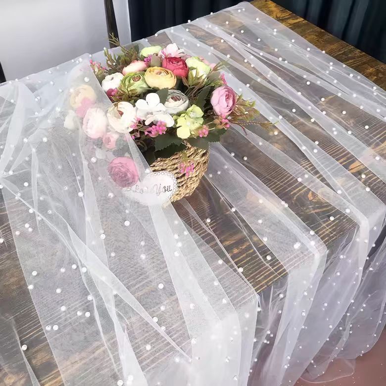 Fairy Wedding Dress Decoration Nylon Mesh Cloth New Pearl Hollow Mesh Fabric Valentine's Day Flowers Packaging Fabric