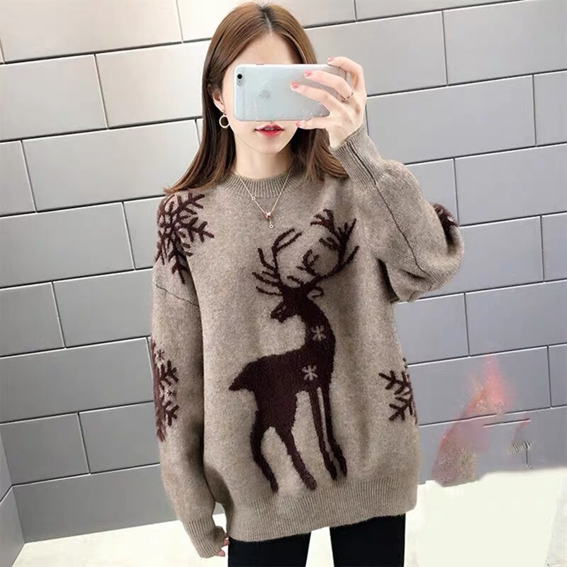 Amazon foreign trade new Christmas elk sweater women's autumn and winter thickened Loose Women's bottoming outer wear lazy western style Amazon foreign trade new Christmas elk sweater women's autumn and winter thickened Loose Women's bottoming outer wear lazy western style