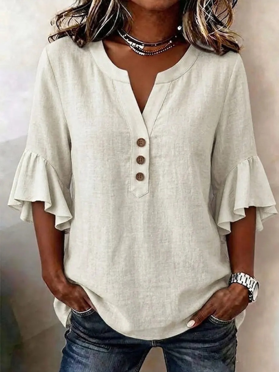 Women's Clothing Women's Solid Color V Neck Top Three Quarter Sleeve Ruffled Casual Cotton And Linen Blend For Formal & Casual For Women_ecoleips.com