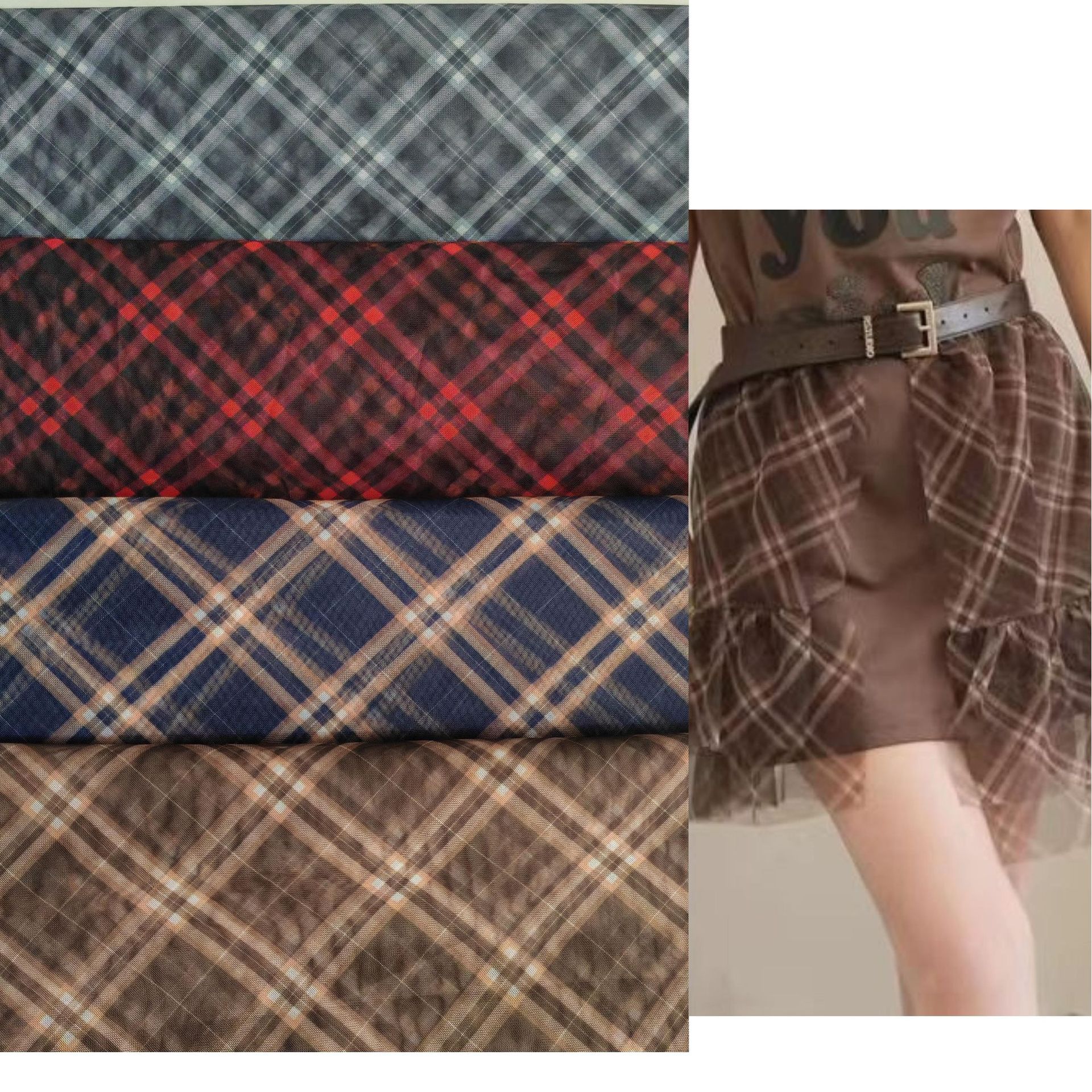 热卖款~经典花型无弹涤复丝网格子印花 简约风格 时尚纱裙等面料