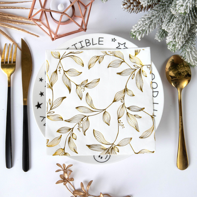 Servilletas Desechables con Estampado Dorado de Pulpa de Madera Nativa Absorbente y Duradero para Bodas y Fiestas