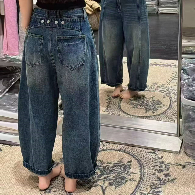 European-Style Jeans Balloon Pants for Women 2026 Spring/Summer High-Waisted Buckle Wide-Leg Loose Slimming Cropped Pants European-Style Jeans Balloon Pants for Women 2026 Spring/Summer High-Waisted Buckle Wide-Leg Loose Slimming Cropped Pants