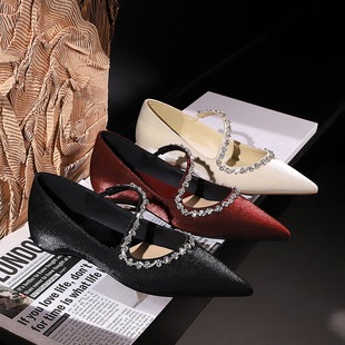 681-13 Joker Korean version of rhinestone chain pointed shallow mouth commuter women's shoes rhinestone buckle satin pedicure shoes