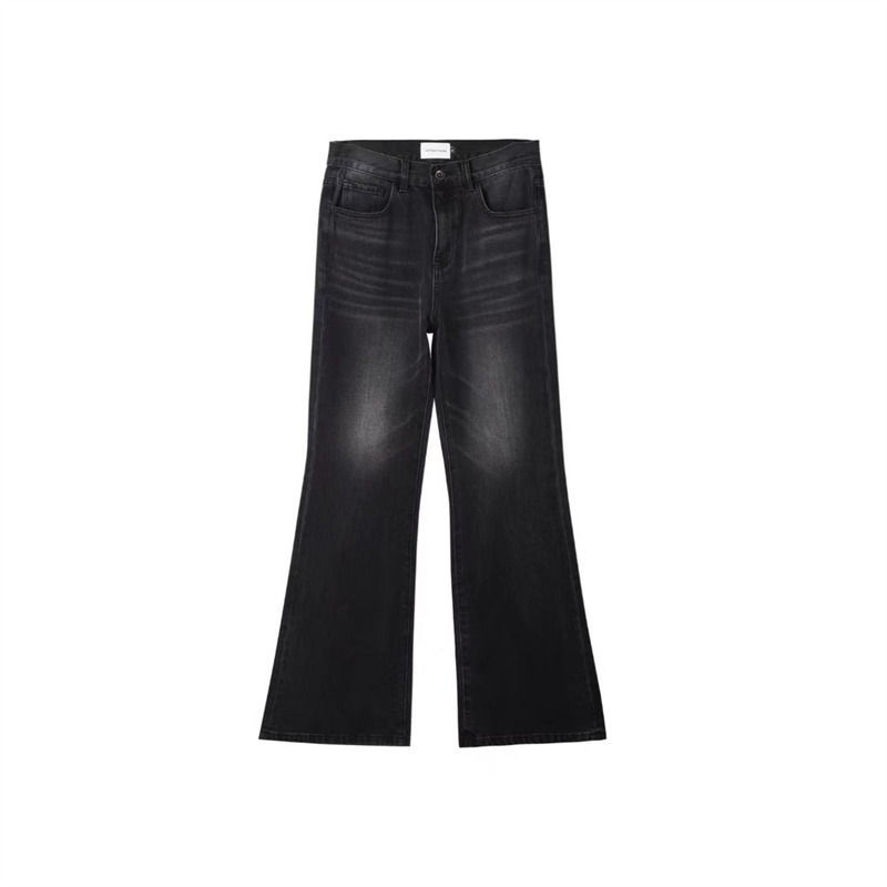Men's Retro Washed Black Jeans Slim Fit Straight Leg Slightly Flared Long Pants Whiskered American High Street Vibe Style_mkmklike.com