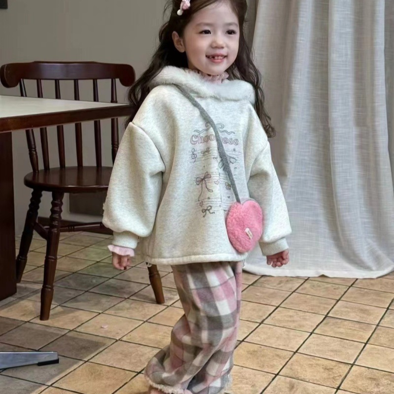 한국판 아동복 2024 가을 겨울 소녀 회색 기모 스웨터 세트 여성  가을 격자 무늬 캐주얼 바지 조수