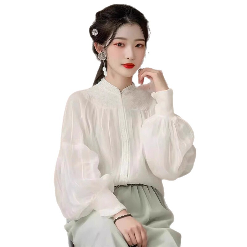 新しい中国風のハイエンドの絶妙なパフスリーブシフォントップ春のシックでユニークな超見栄えの良いレースシャツ女性用|undefined