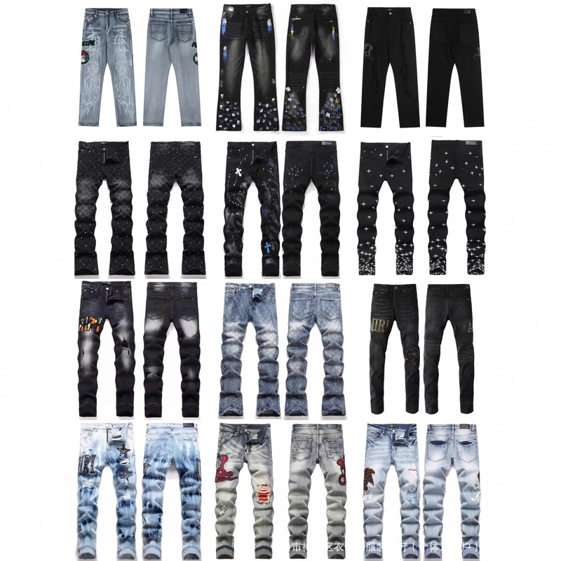 High Street Ripped Skinny Stretch Jeans with Patch Embroidery, Vintage Rhinestone Long Pants, Straight-Leg Jeans for Men High Street Ripped Skinny Stretch Jeans with Patch Embroidery, Vintage Rhinestone Long Pants, Straight-Leg Jeans for Men