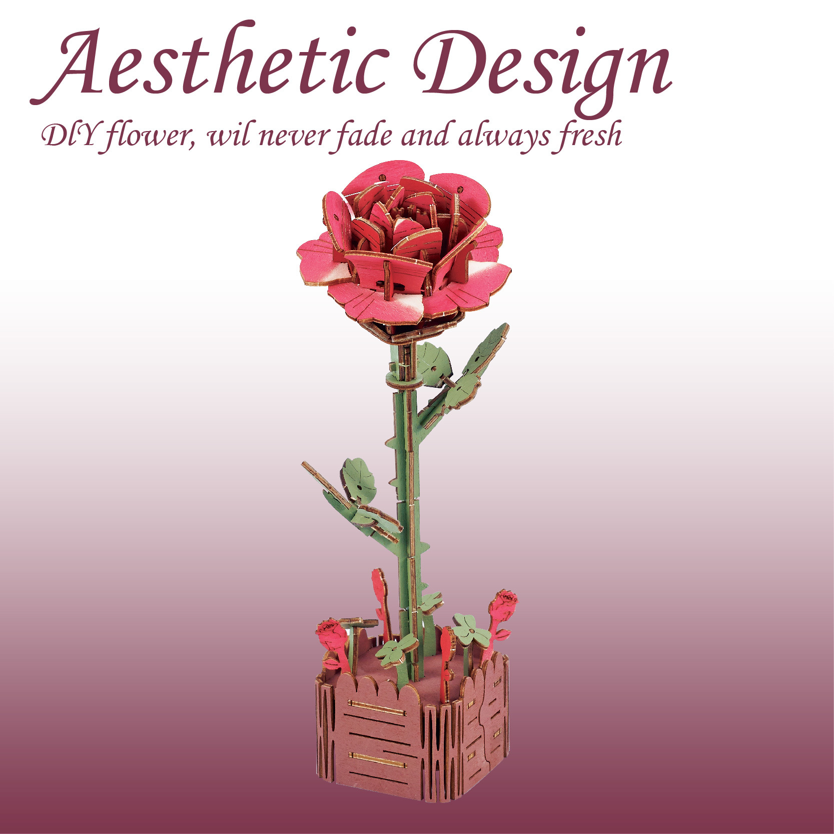 玫瑰花手工diy花束玩具木质3d立体拼图木制成人积木拼装模型