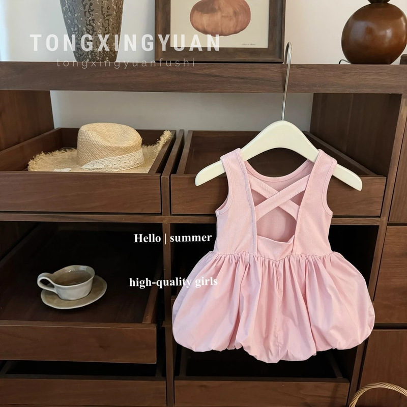 Tongxingyuan Summer New Product for Girls and Babies Pink Sweet Little Backless Fashionable Flower Bud Fashionable Princess Skirt Trendy