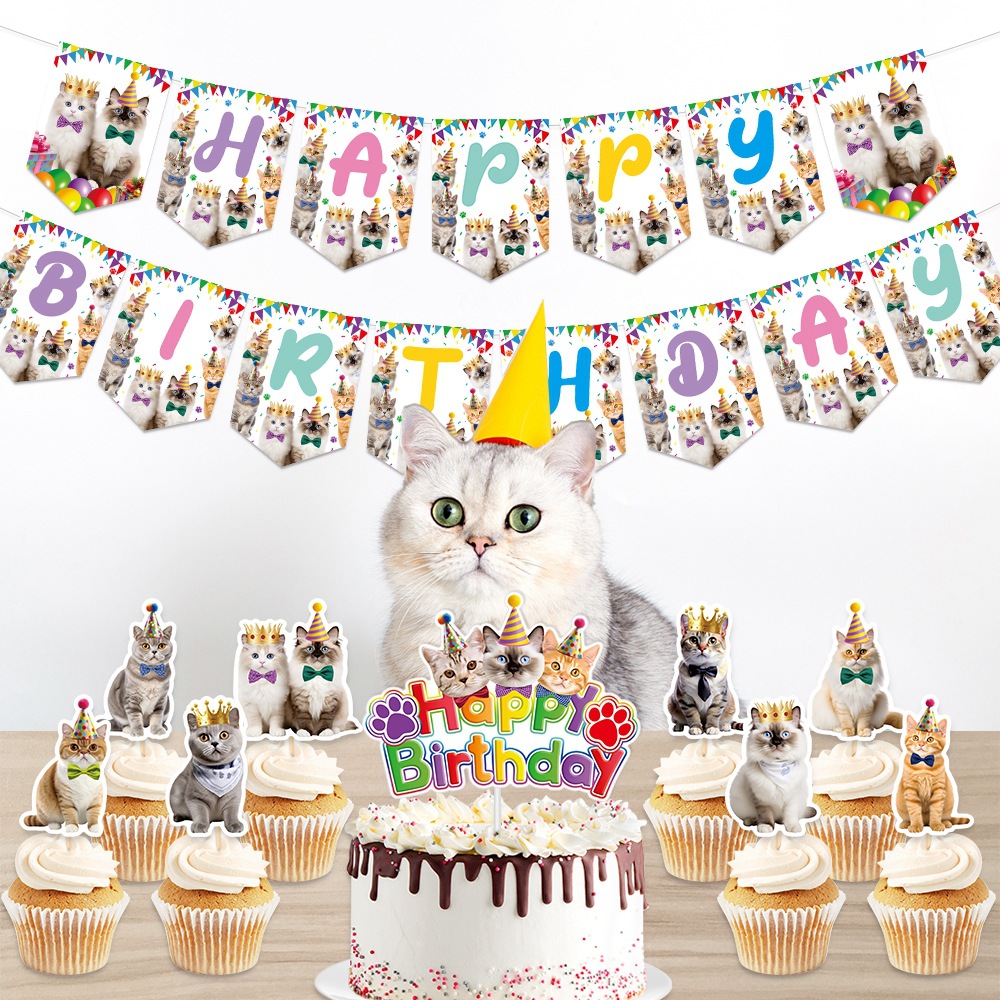 Nueva decoración de fiesta de cumpleaños para gatos con bandera de tracción para mascotas con tema de decoración de cumpleaños para tarjetas de pastel