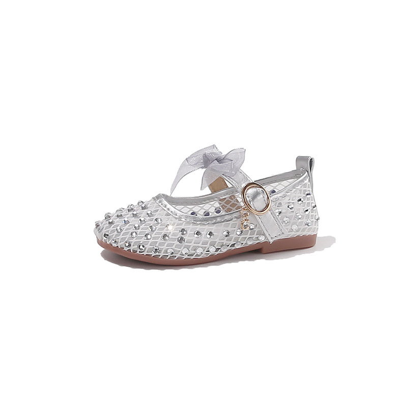 Zapatos de princesa de niñas 2026 verano nuevos zapatos de arco transpirables de malla para niños Marigold Zapatos de cuero para niños pequeños