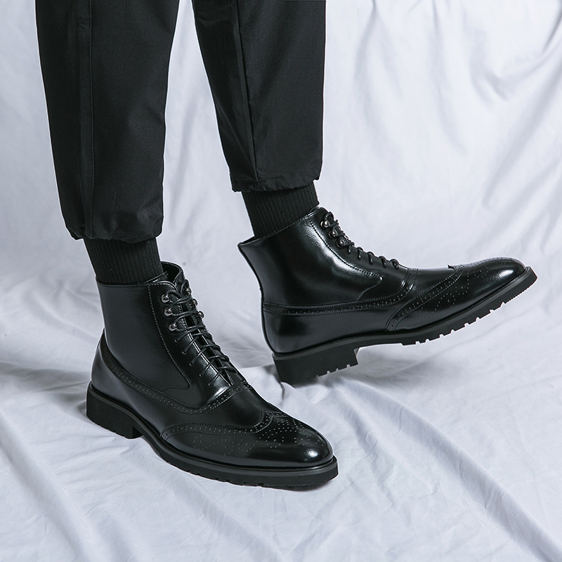 Distressed Leather Brogue Boots For Men High Top Formal Shoes_voghion.com