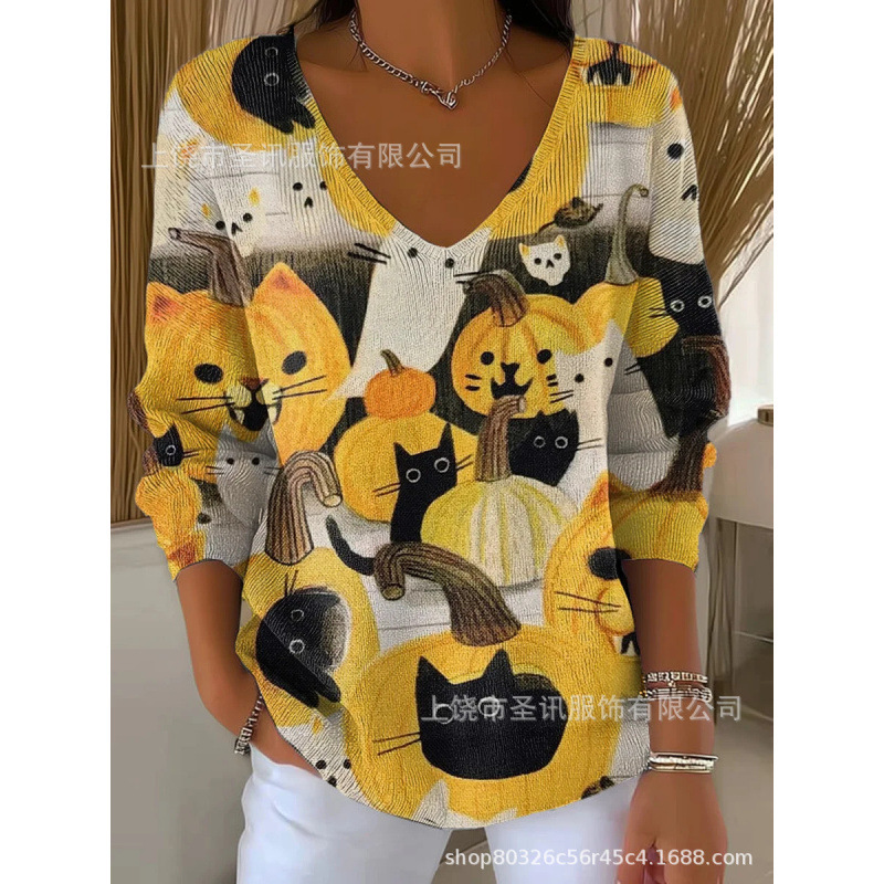 欧美跨境独立站新款3D印花女士时尚渐变色V领长袖T恤上衣|undefined
