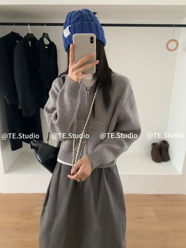 气质休闲连帽开衫毛衣外套女2025秋冬季新款韩版短款双拉链针织衫|undefined