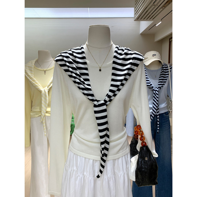 100-Day Silk Texture Round Neck Long-Sleeve Knit Top for Women, Lightweight and Slightly Sheer, Loose Fit, Slimming Base T-Shirt Paired with Striped Shawl 100-Day Silk Texture Round Neck Long-Sleeve Knit Top for Women, Lightweight and Slightly Sheer, Loose Fit, Slimming Base T-Shirt Paired with Striped Shawl