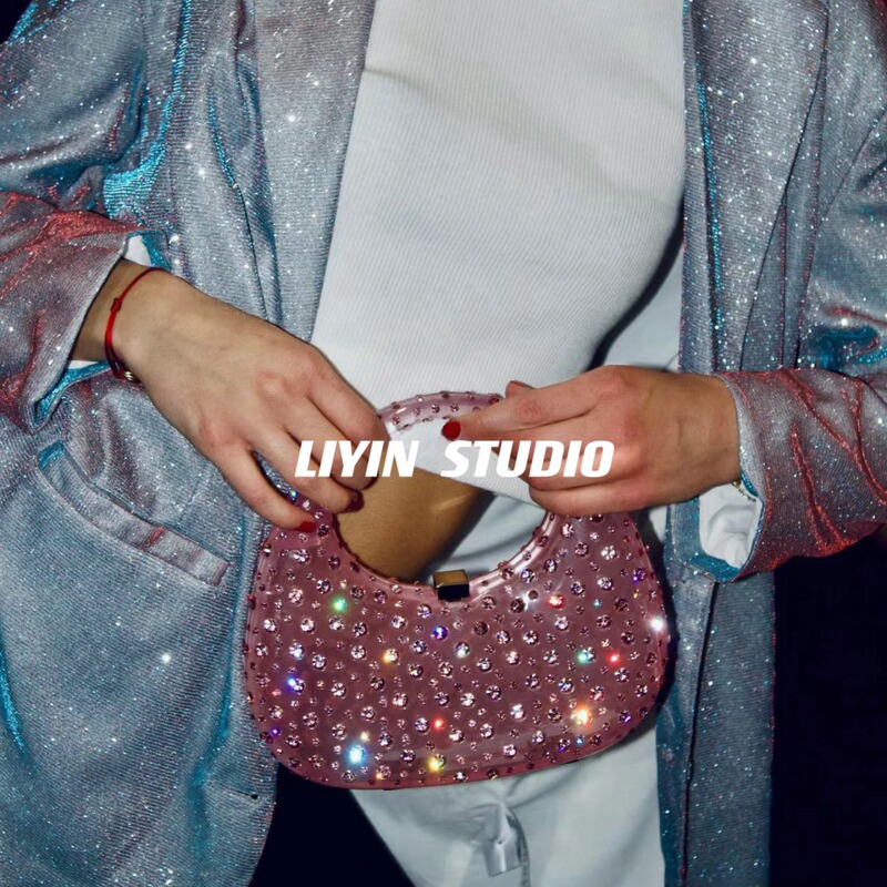 Cross-border Explosions Shining Ineffable Transparent Acrylic Diamond Lock Handbag Women's Goose Egg Moon Handbag