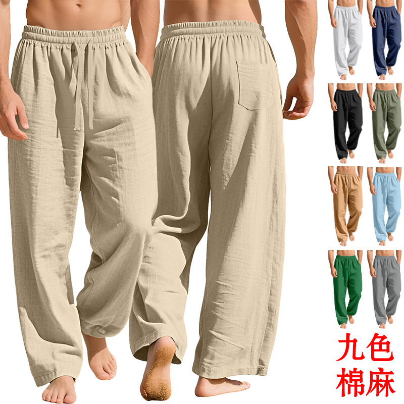 European and American Cross-Border Men's Clothing Amazon Linen Loose Casual Sports Pants with Pockets and Drawstring Solid Color Trendy Business Pants