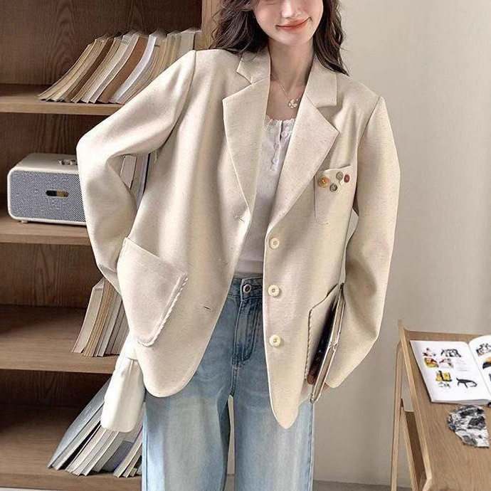 Áo vest nữ dáng suông thanh lịch, tay dài, cổ vest, phong cách công sở — Màu yến mạch (chất lượng cao)