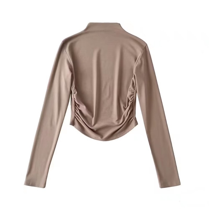 turtleneck long sleeves curved hem pleated solid color slim fit crop top NSXDX135753