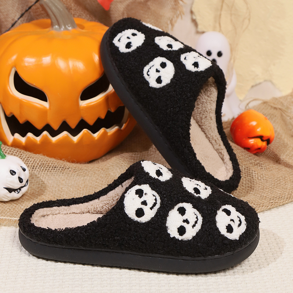 Chaussons en coton pour couple hommes et femmes, citrouille d'Halloween, automne et hiver, livraison à domicile_voghion.com