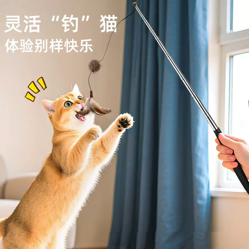 伸缩宠物猫逗猫棒长杆猫玩具羽毛替换头不锈钢幼猫小猫咪宠物用品
