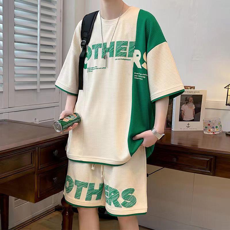 Teenagers Casual Short-Sleeved Suit Men's Summer New Loose Student Trendy Two-Piece Set with Five-Quarter Pants