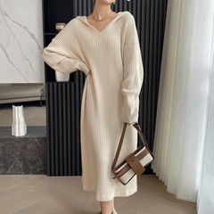 韓国系の怠惰な風と帽子のワンピースの長い帽子のシャツは膝のニットの長いスカートの中の長いカジュアルなセーターの底のスカートを過ぎます。