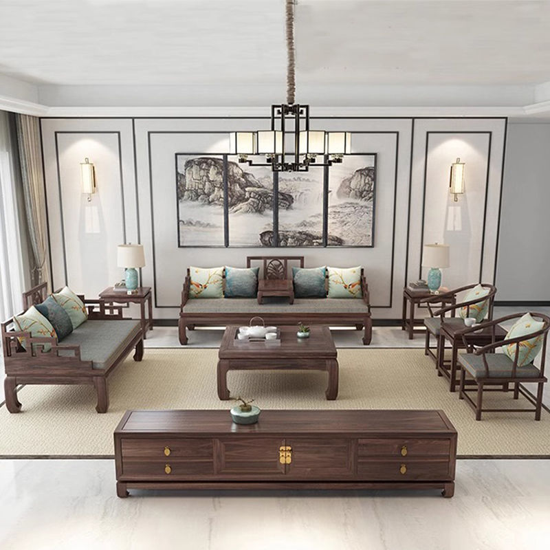 新中式沙发组合别墅现代禅意实木家具客厅中式乌金木沙发全屋定-
