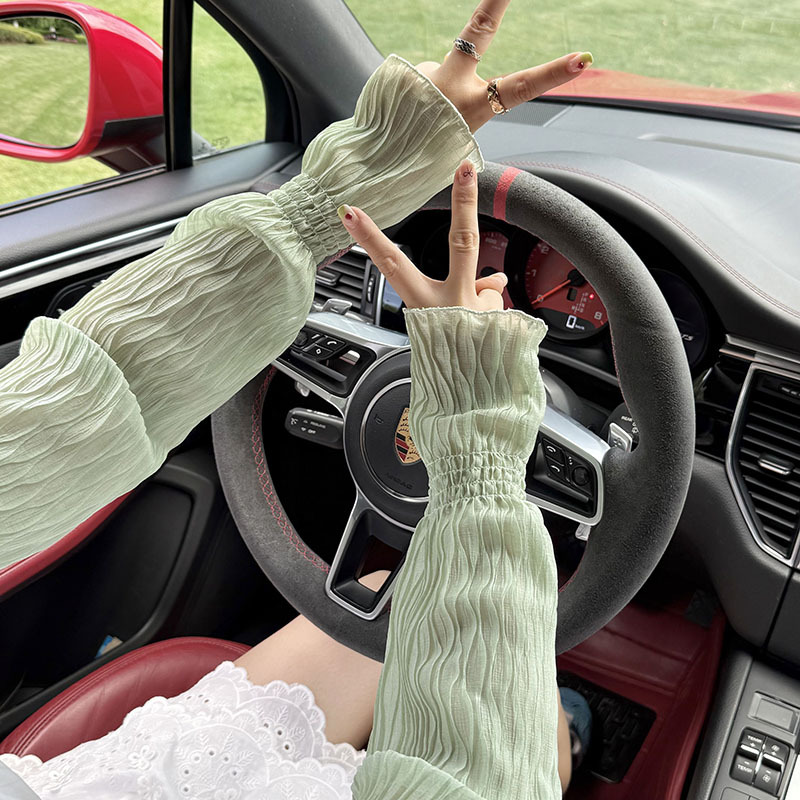 Mangas de hielo, mangas de seda de hielo, verano femenino, nuevo estilo, color sólido, pliegues, mangas abullonadas, conducción y conducción, mangas de hielo, mangas de protección solar, mangas al por mayor