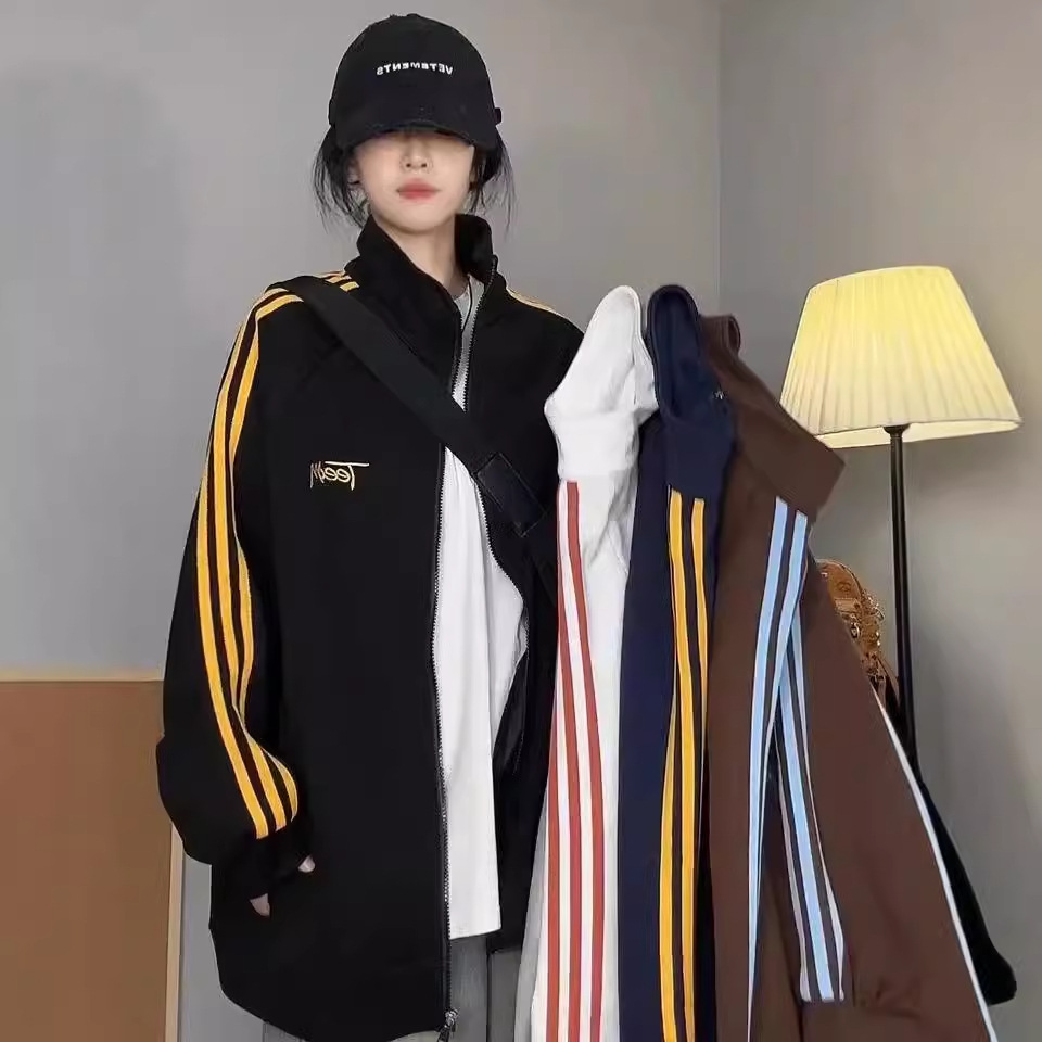 复古美式立领三条杠卫衣外套女春秋新款宽松休闲棒球运动夹克上衣