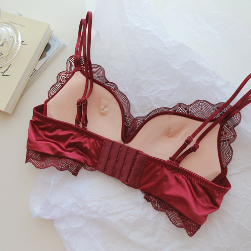 High-end silk satin women's soft latex cotton wireless underwire small bust shaping push-up lace bra set