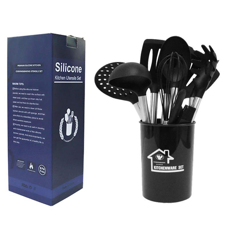 Cuchara de sopa de espátula de silicona transfronteriza 15 piezas de acero inoxidable espátula de silicona sartén antiadherente traje de cocina de silicona al por mayor