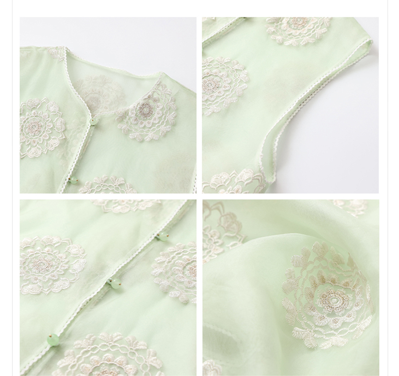 Bộ ba món áo khoác, áo vest và quần short lụa thêu sequin cao cấp kiểu Trung Quốc mới N3042 — Quần short xanh lục nhạt, Áo khoác xanh lục nhạt, Gi lê xanh lục nhạt chi tiết 32
