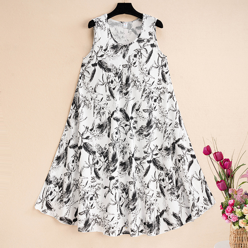 Ink Print Round Neck Suspender Dress Summer Women's French Niche Loose Lazy Style Knee-Length Floral Skirt
