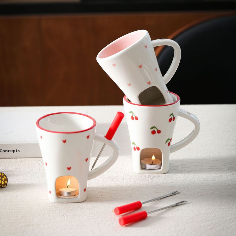 Heart-Shaped Chocolate Cup, Melting Cheese Fondue Cup with Fork, Ceramic Mug, Butter Warming Coffee Cup Heart-Shaped Chocolate Cup, Melting Cheese Fondue Cup with Fork, Ceramic Mug, Butter Warming Coffee Cup
