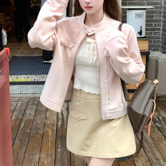 2025新品短款长袖粉色廓形麂皮外套女秋季美式棒球服夹克显白上衣