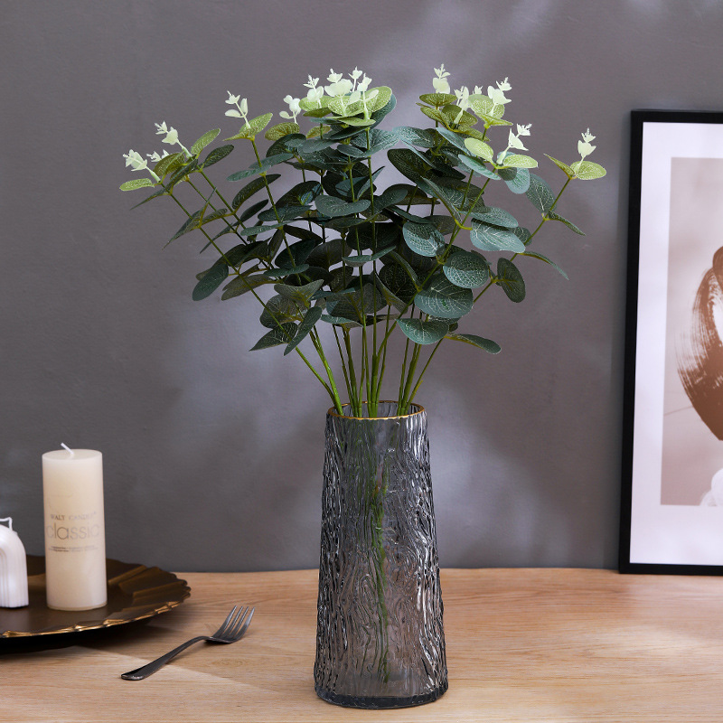 Venta caliente nueva impresión de pantalla de seda artificial solo hojas de eucalipto decoración de la boda planta artificial paquete de hojas de dinero