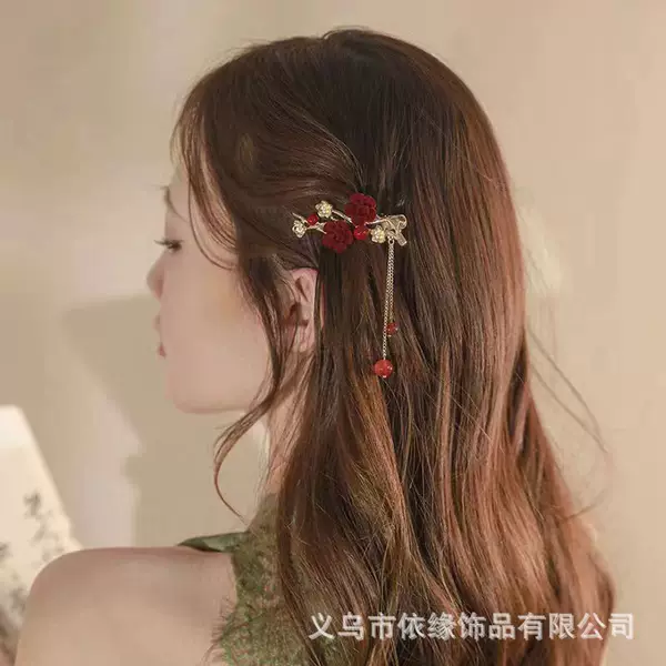 Red Rose Hairpin for Women with Tassels, Side Clip for the Back of the Head, Half-Tied Hair Shark Clip, Hairpin, Bangs Clip, Niche Headwear