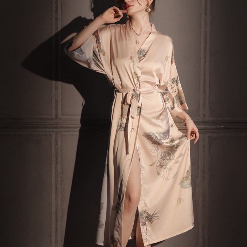 Satin Nightgown for Women Summer Thin Ice Silk Chinese Style Robe Luxury Pajamas Home Dressing Gown Bathrobe Extra Long