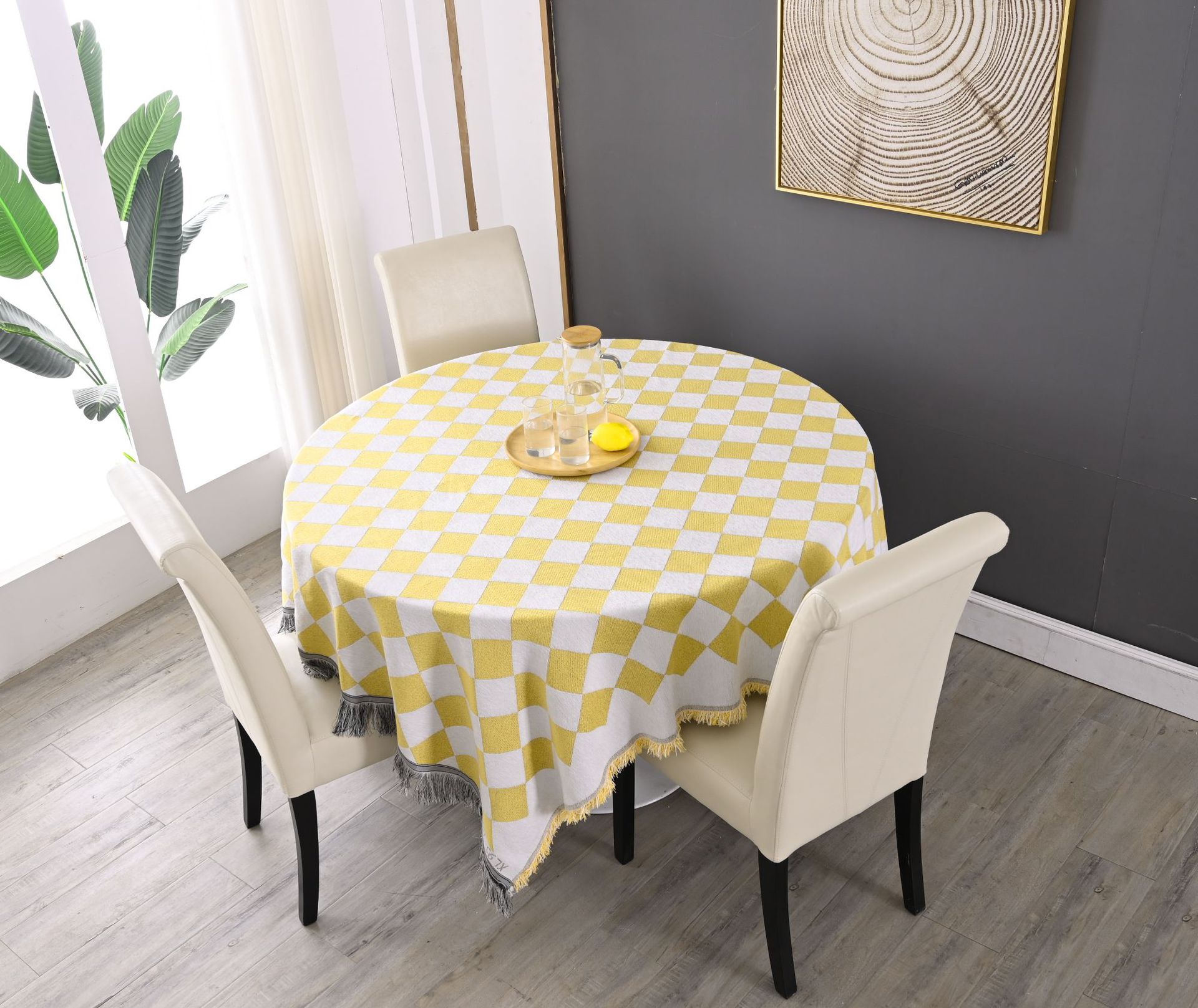 伊缦琪韵桌布多功能盖巾黄白提花棋盘格子现代简约厚实流苏